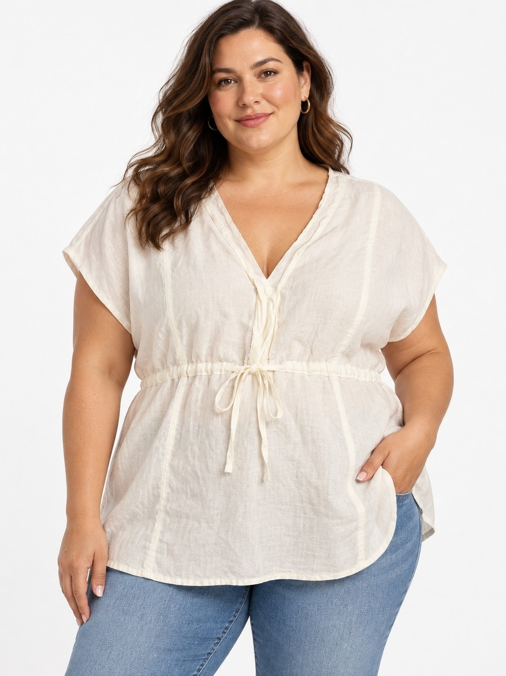 Talbots Pure Irish Linen Ivory Drawstring Waist Blouse Size 22W